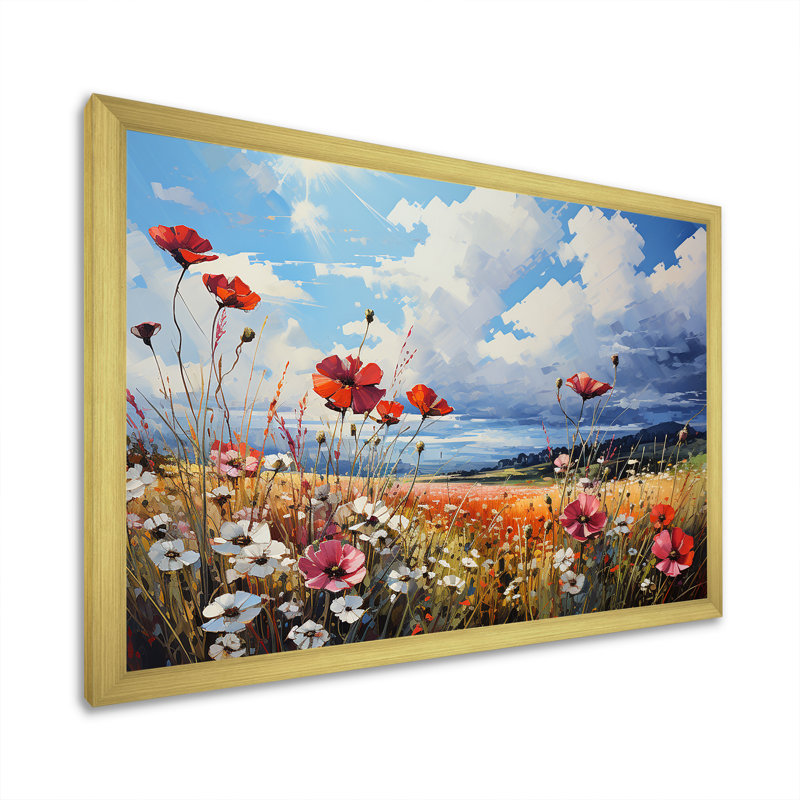 Multicolore fleur cramoisie élégante sur toile, Cadre doré simple, H 34 po x l 44 po x P 1,5 po