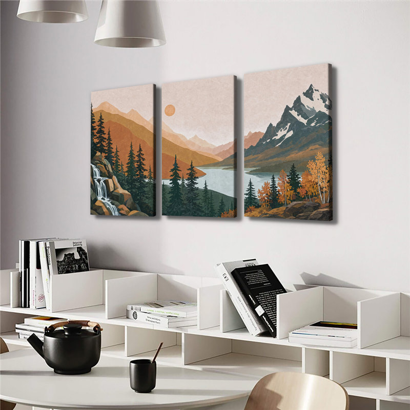 Automne, lac, chute d'eau, pin, paysage rétro, impression sur toile 3PC (1), H 12 po x l 24 po x P 1 po