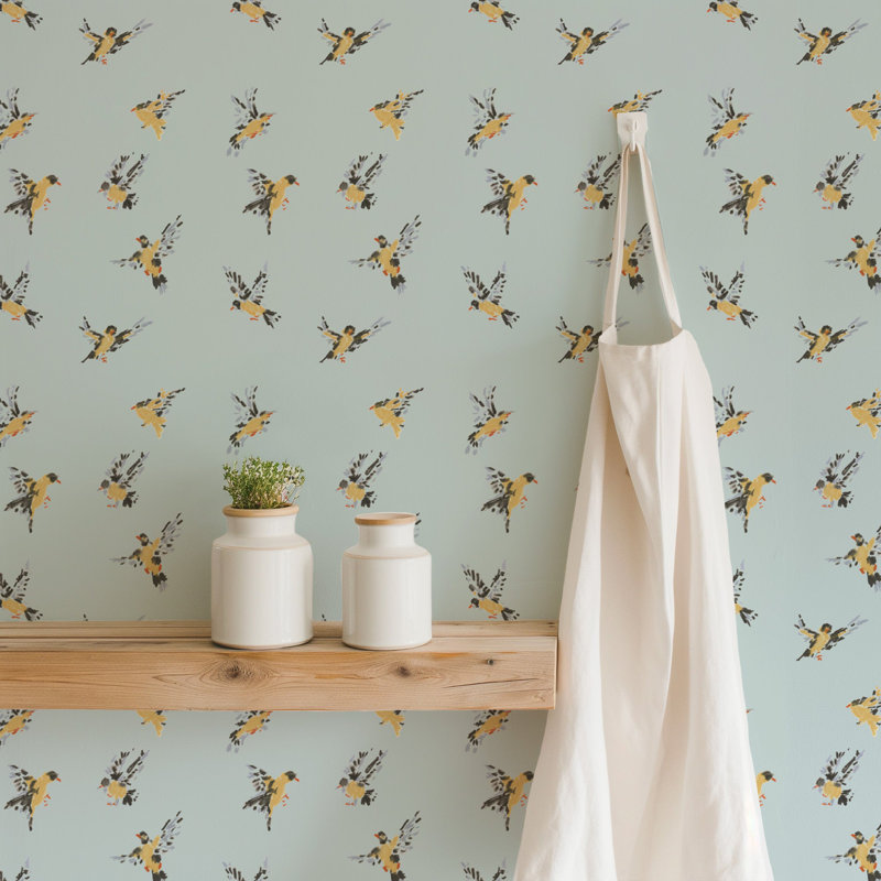 Flight of the Finches - Wallpaper, Daylight Blue, Peel & Stick, Self-Adhesive