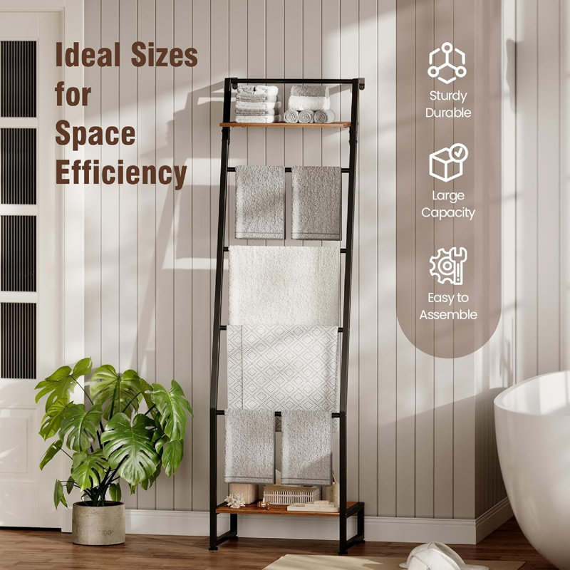 6-Tier Ibrahim With Shelf Rustic Brown And Black, 59-Inch Wall-Leaning Farmhouse Rack For Organized Storage, Freestanding Design Enhances Bathroom Decor, Space-Saving For Small Rooms With Adjustable Feet