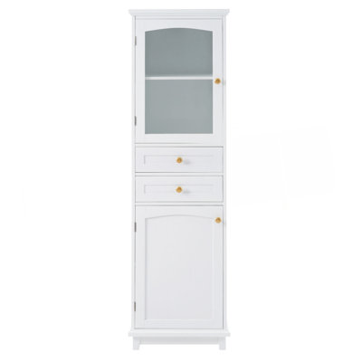 63" Tall Bathroom Storage Cabinet With Glass Doors, Free-Standing, Two Drawers, And Adjustable Shelves, MDF Board, Painted White - For Displaying Your Favourite Items