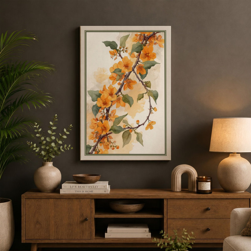 Orange Blossom Branch Botanical - Wrapped Canvas, 30x20 - 76.2 x 50.8 cm, Black Border