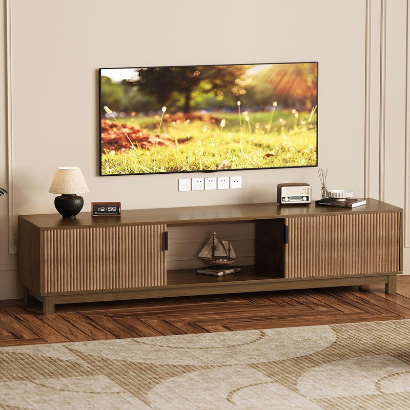 70in Long TV Stand, Fluted Mid Century Modern TV Console Center with Storage Cabinet Up to 80 Inches TV for Living Room