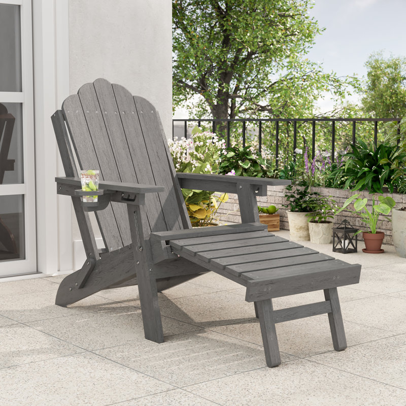 3-Postion Adjustable HDPE Adirondack Chair with Ottoman, All-Weather Folding Patio Chair with Cup Holder for Outdoor, 350lb Capacity