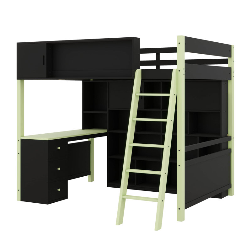 Full-Size Wooden Loft Bed With Integrated Desk And Drawers, Gaming Bed Offering Spacious Storage And Lighting, Green