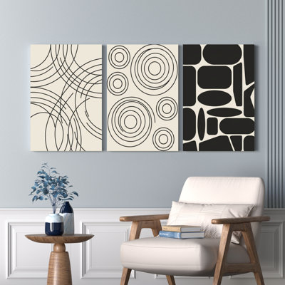 Ensemble de 3 tableaux géométriques abstraits (lignes, cercles et formes) sur toile tendue, pour la décoration du salon, de la chambre ou du bureau.