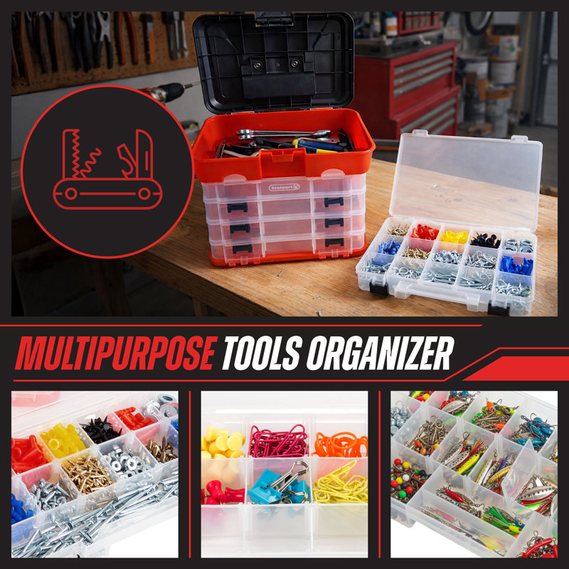 Stalwart Portable Tool Storage Box - Small Parts Organizer with 4 Multi-Compartment Trays ,Red