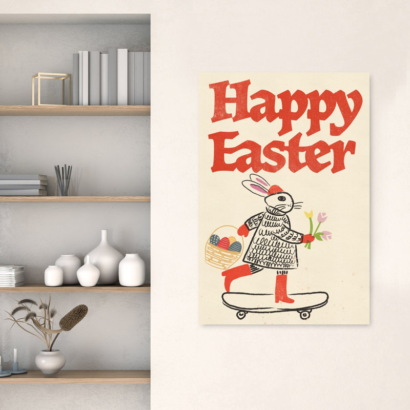 Joyeuses Pâques, patin de lapin, impression de forêt fantaisiste, lapin et tulipe, 48" H x 32" W