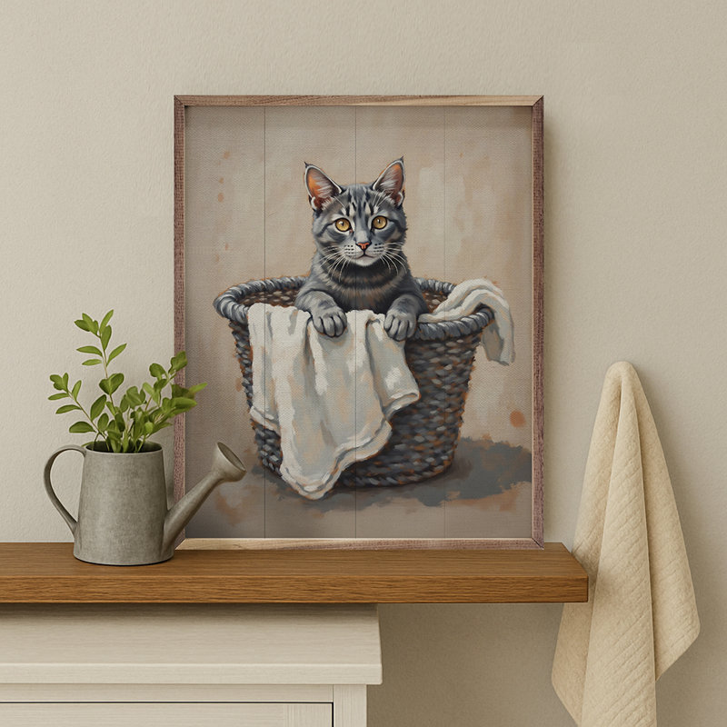Chat gris dans un panier à linge, H 10 po x l 8 po