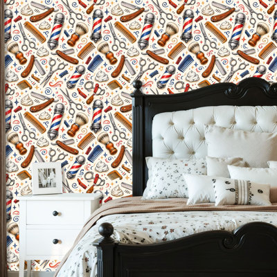 Peel and Stick Wallpaper Contact Paper Barber Shop Scissors Brushes Razors Comb White Self Adhesive and Removable 24in x 118in(60x300cm)