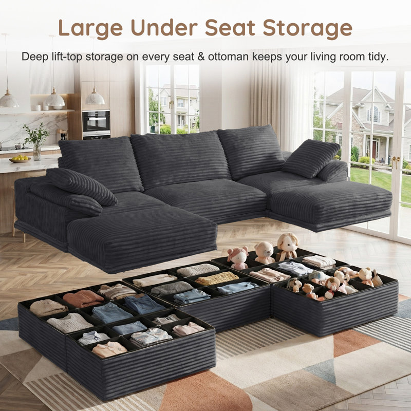 107" Cloud Modular Sectional Sofa, 5-Piece U Shaped Corner Couch with Hidden Storage and 2 Ottomans, Modern Minimalist Corduroy Upholstered Boneless Sofa for Living Room, Extra Deep Seat, Easy Assembly Required