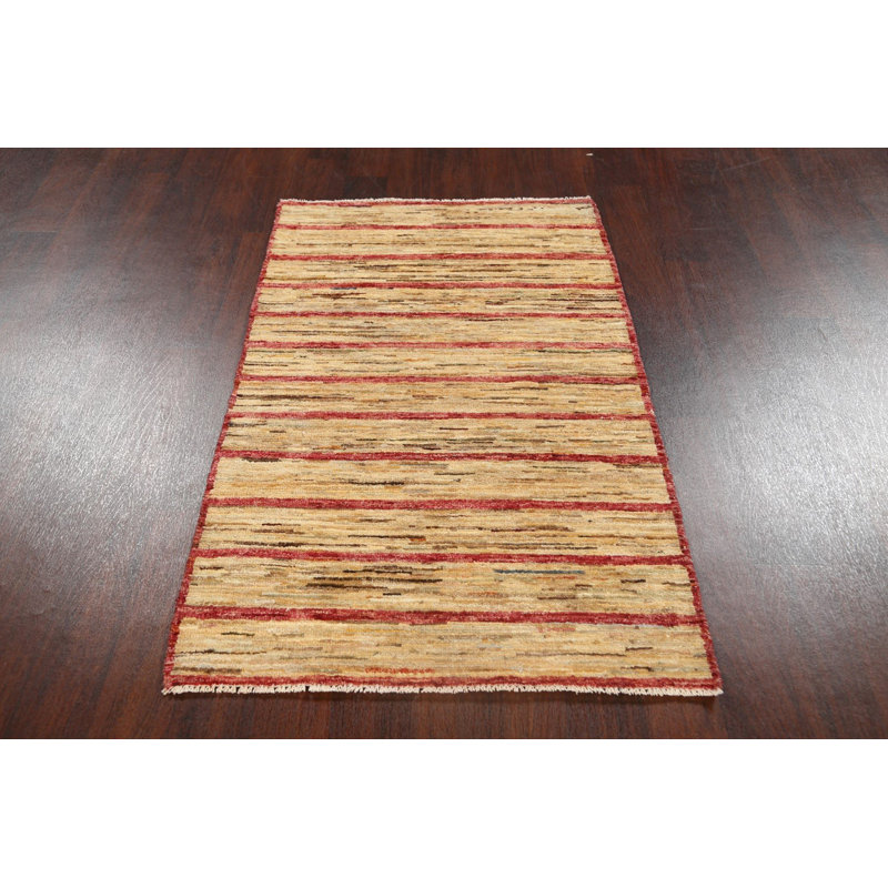 Tapis beige en laine noué à la main de conception unique 3 pi 1 po x 5 pi 1 po New Age