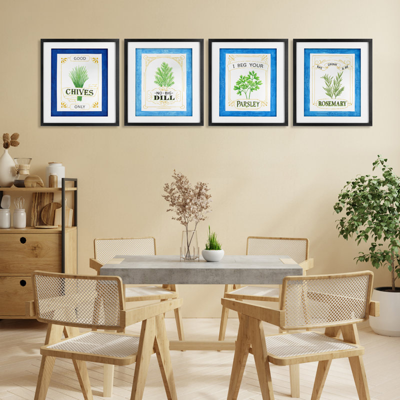 «Kitchen Herb Puns», ensemble de 4 impressions encadrées sous verre, design par Lara Beeston, Cadre noir minuit