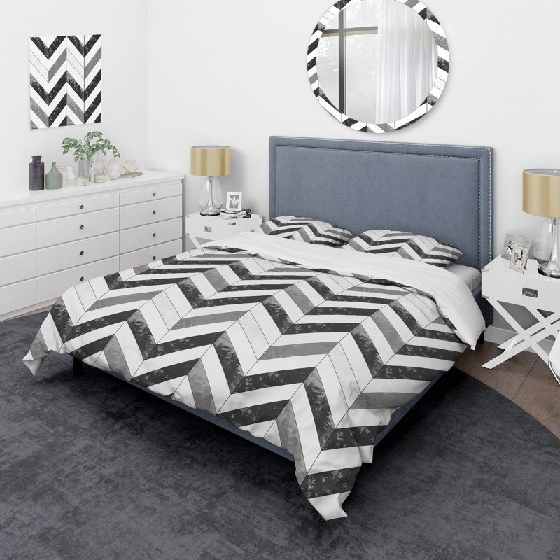 Ensemble de housse de couette moderne à motif de chevrons gris et blanc, Housse de couette très grand et 2 très grandes t