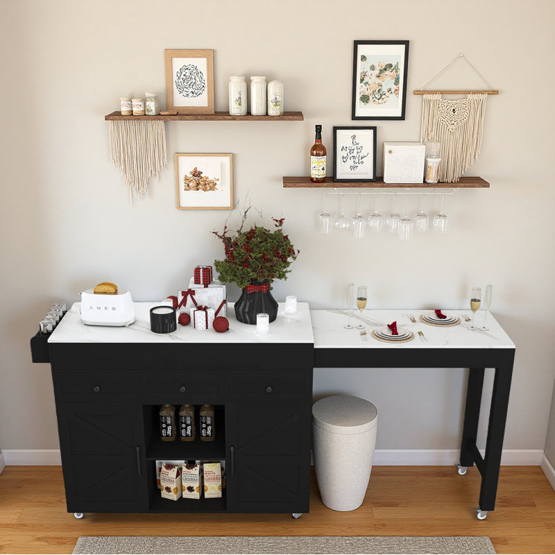 Îlot de cuisine avec table extensible et rangement roulant, Marbre blanc / noir
