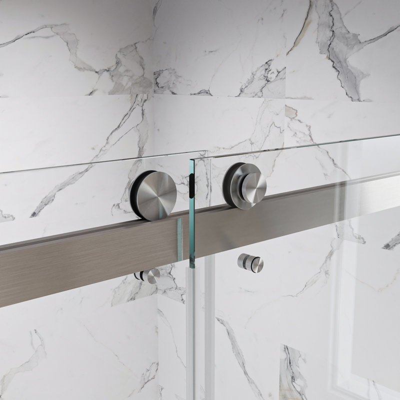 Catalyst 56"- 60" W x 76" H Double Sliding Frameless Shower Door in Brushed Nickel with 3/8" Clear Glass, Brushed Nickel
