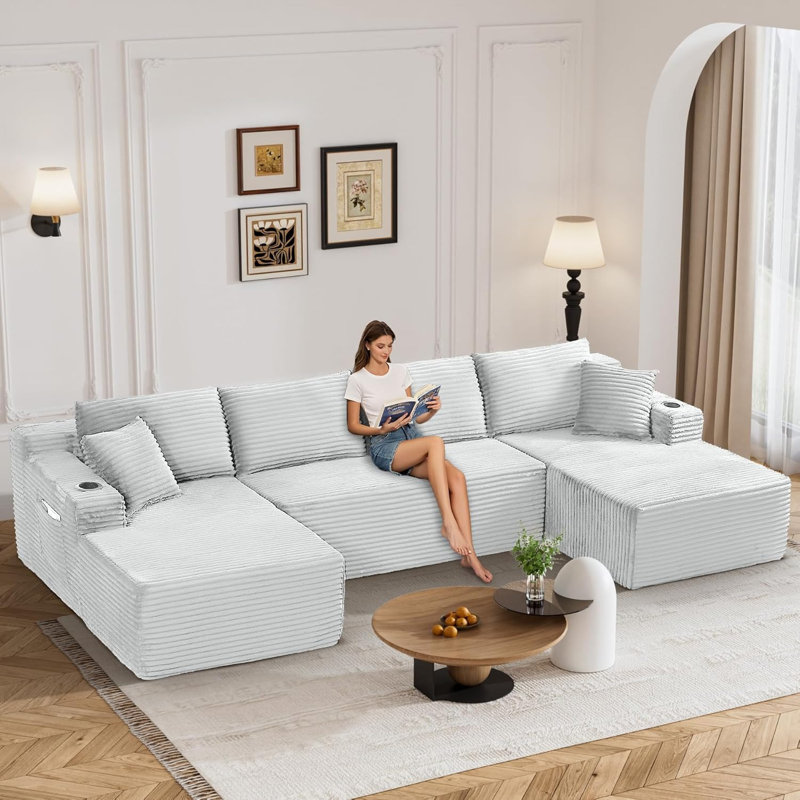 Canapé surdimensionné de 133 po en forme de nuage sans dossier avec méridienne, canapé modulaire en forme de U en velours côtelé avec siège profond 133 po, canapé confortable avec porte-gobelets et rangement, aucun assemblage requis - vert