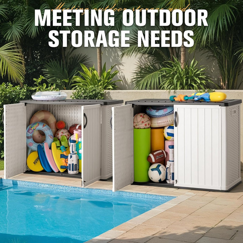 Outdoor Horizontal Storage Sheds 27 Cu.Ft Resin Large Storaged Box Weather Resistance, Without Shelf, Easy To Assemble, Prefect For Garden, Patios, Backyards, White
