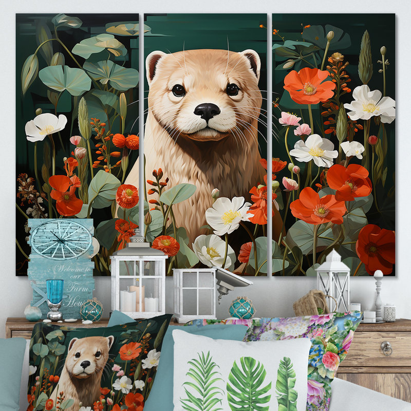 Curieuse loutre dans une prairie fleurie - loutre, art mural, Toile tendue, H 32 po x l 48 po