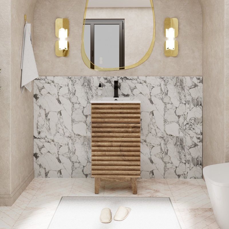 Petit ensemble de meuble-lavabo simple 18 po avec plateau en céramique Marilyse, texture grain de bois naturel, Brun