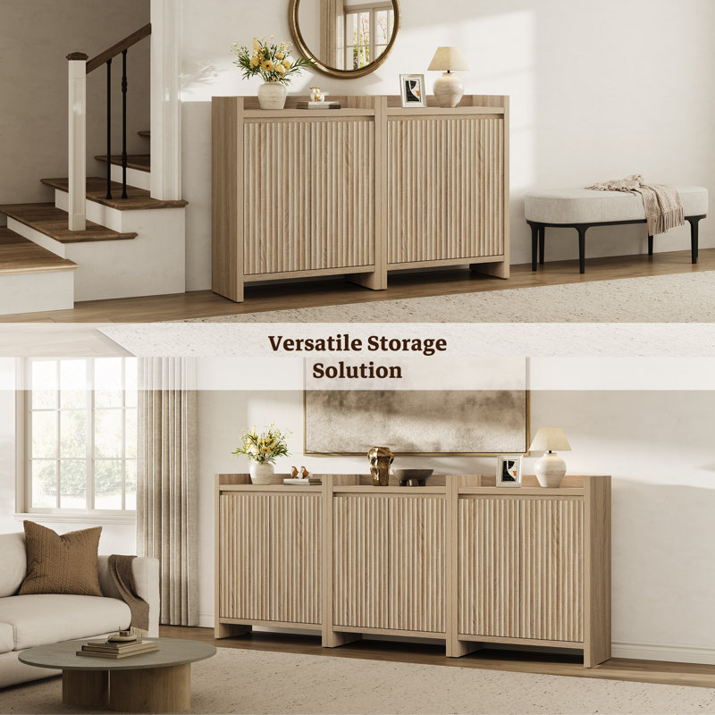 30 Pair Fluted Shoe Storage Cabinet With 2 Doors And Adjustable Shelves, Sandstone Beige, 3