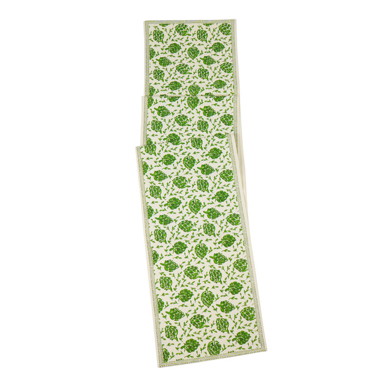 Chemin de table vert en artichaut, Vert / Beige