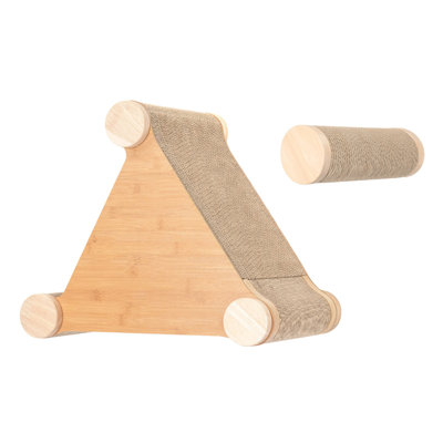 Ascentials by FurHaven Basecamp Cat Hideaway with Milestone Post, Wall-Mounted Corrugated Cardboard Scratcher, Reversible Slate Blue and Bamboo Wood Pattern