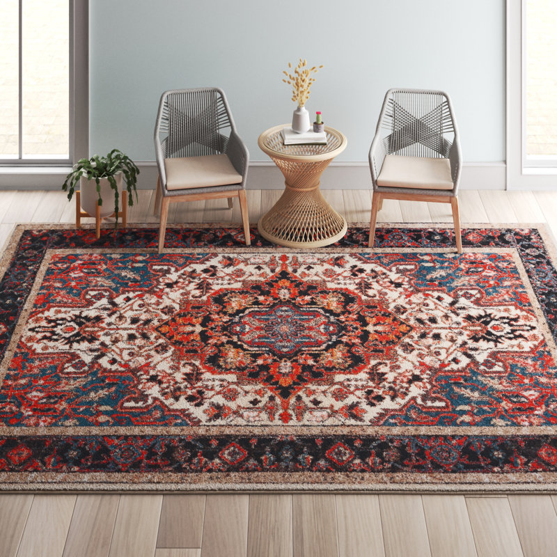 Tapis oriental ivoire / rouge Manado, Carré 6 pi 7 po