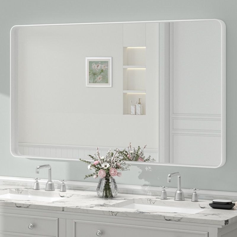 Miroir de salle de bain mural en verre trempé et métal Molly, 51 po x 30 po, Blanc, Rectangle(Rounded Corner)