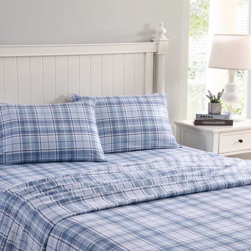 Ensemble de draps en flanelle de coton brossé, Ensemble de draps pour très grand lit avec 2 taie, Carreauté bleu Mulholland