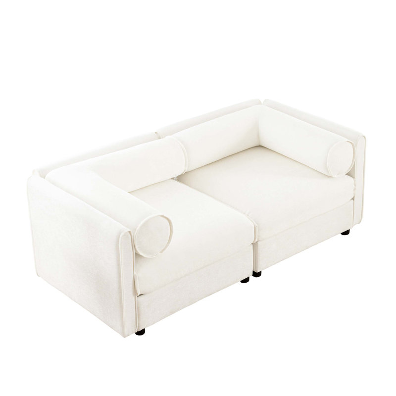 Canapé moderne à 2 places avec revêtement en chenille, dossier cylindrique et accoudoirs, rangement caché et conception modulaire pour des espaces de vie polyvalents