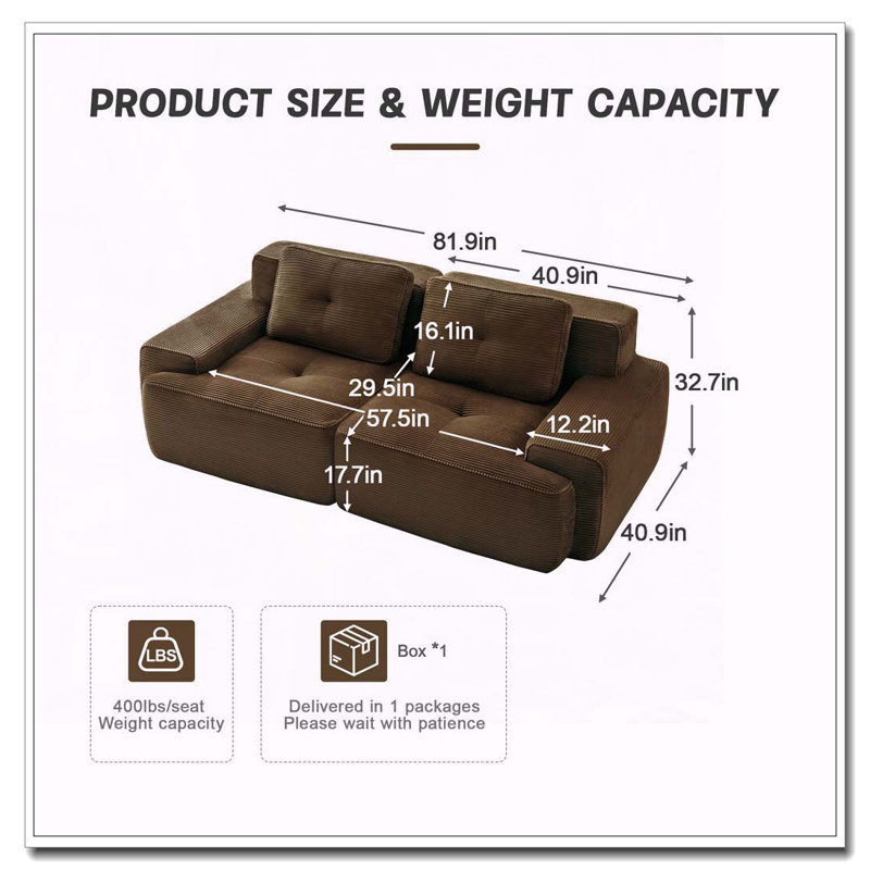 Modern Corduroy Sofa, Brown -2Seat