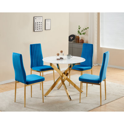 Auric Round Dining Table with 4 Glitz Velvet Chairs (Set of 5)