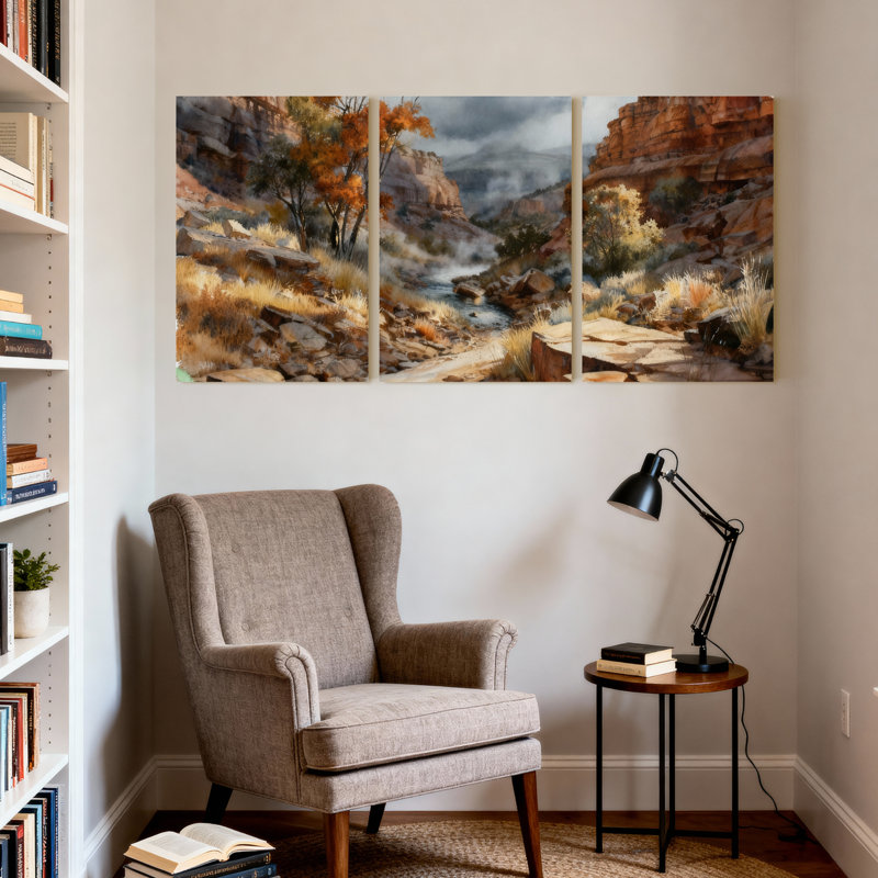 Ensemble de 3 tableaux sur toile représentant un paysage de canyon désertique, H 18 po x l 36 po