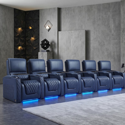 Fauteuil de cinéma maison inclinable électrique en cuir fleur de qualité supérieure avec éclairage ambiant à DEL 7 couleurs, appui-tête réglable, charge USB et porte-gobelets