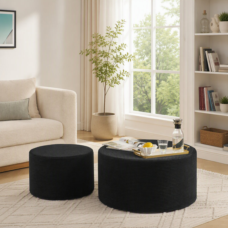 Ensemble de 2 poufs cylindriques rembourrés pour une assise et un repose-pieds flexibles, Noir