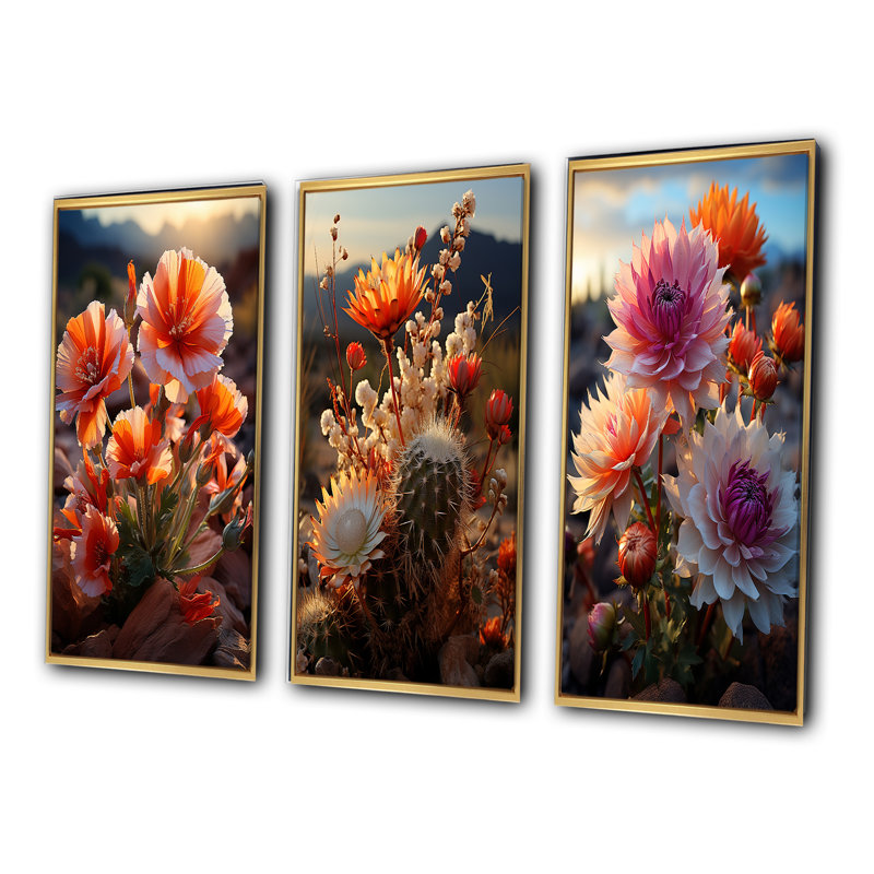«Desert Euphoria Cactus», 3 pièces, Encadrement doré, H 40 po x l 60 po