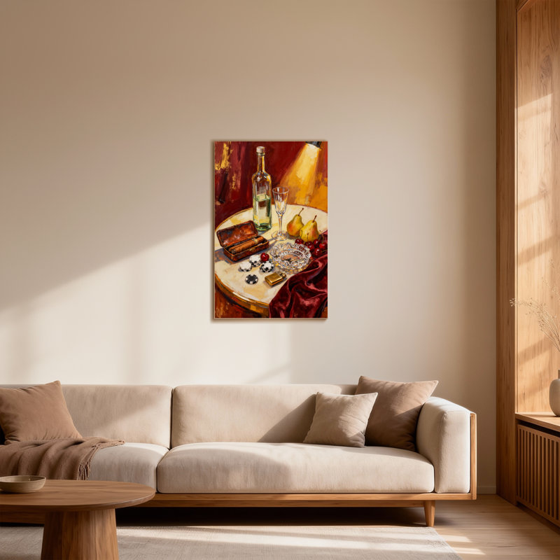 Mode nature morte avec bouteille et fruits, H 24 po x l 16 po