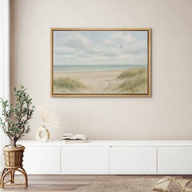 Mouette sur une plage de dunes côtières, paysage de bord de mer, reproduction d'art sur toile encadrée, H 24 po x l 36 po