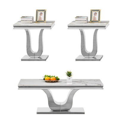 Faux Marble Coffee Table Set of 3, Modern Living Room Table Set Includes 1 Coffee Table and 2 End Side Tables for Living Room, White Faux Marble Top with U-Shaped Stainless Steel Frame