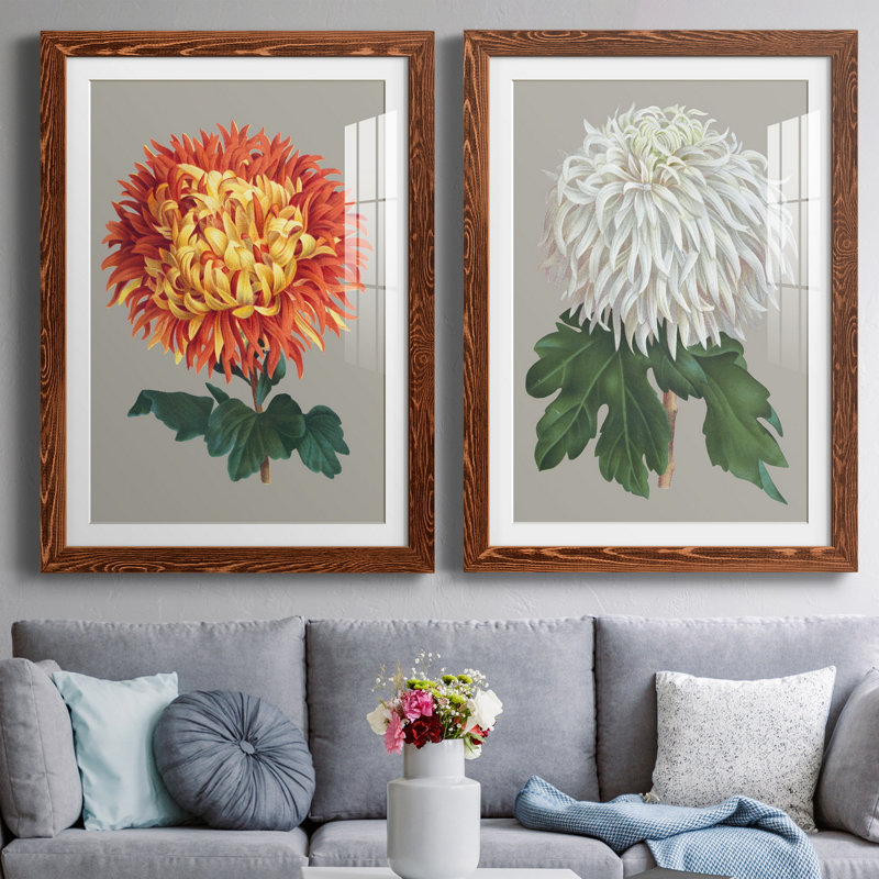 «Chrysanthemum on Grey I», ensemble de 2 reproductions d'art, H 31,5 po x l 47 po x P 1,5 po, Papier avec cadre érable, Blanc