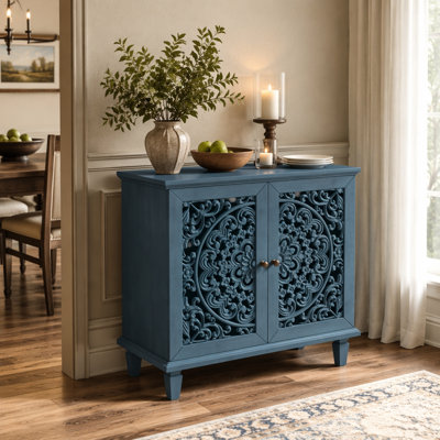 Vintage Hollow-Carved Accent Cabinet, 2-Door Display Storage Sideboard with Symmetrical Floral Design, Adjustable Shelf and Solid Wood Legs for Living Room Entryway