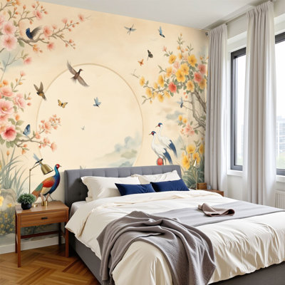 Peel and Stick Wallpaper Vintage Floral Bird Peonies Magnolia Exotic Birds Wall Murals 69"H x 96"W Removable PVC Wall Paper Self-Adhesive Wall Decor for Bedroom Living Room Home Office