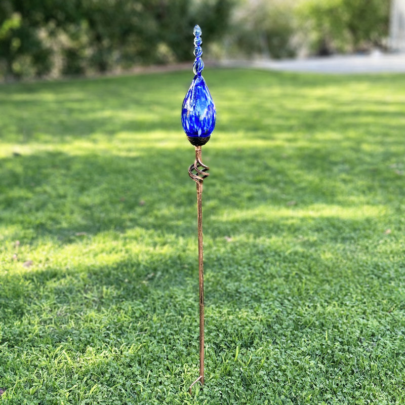 Blue Hand Blown Glass Flame Garden Stake with Metal Finial