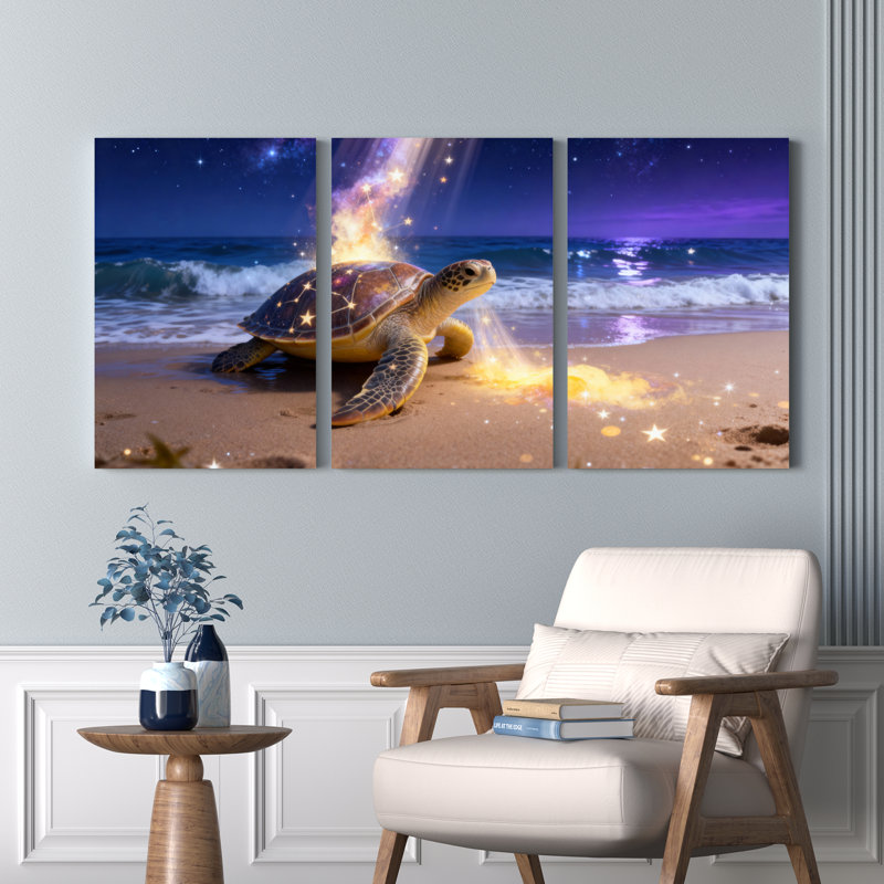 Ensemble de 3 tableaux sur toile représentant une tortue marine sous un ciel étoilé, H 24 po x l 48 po