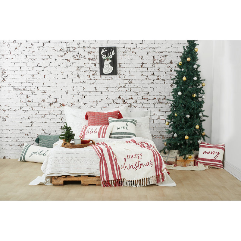 White and Green Yuletide Woven Rectangular Throw Pillow