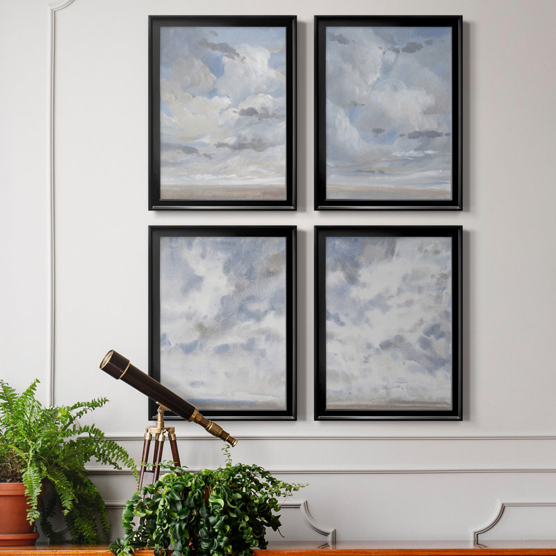 Ciel bleu I - ensemble de 4 peintures sur toile encadrées, H 42,5 po x l 122 po x P 1 po, Cadre noir
