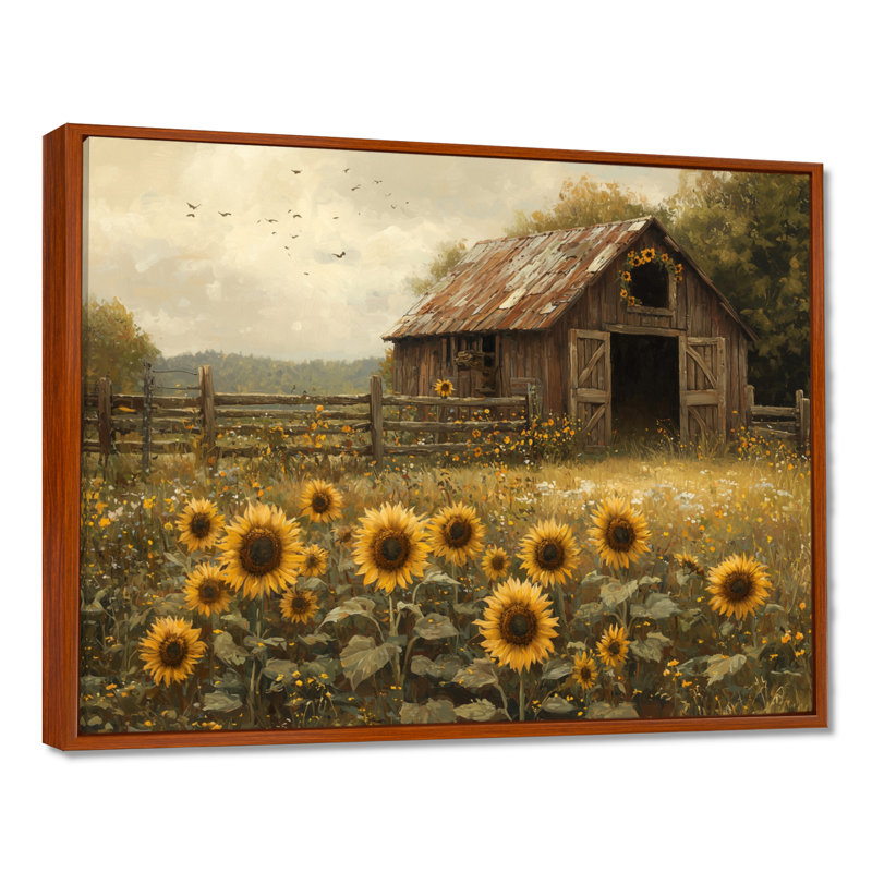 Dorit tournesols autour de l'écurie cheval I - tournesols, art mural, Brun, H 12 po x l 20 po, Impression encadrée flottante