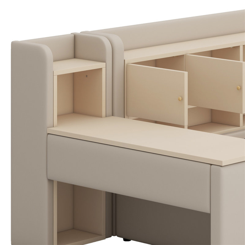 Upholstered Daybed With Drawers, Shelves, Flip Cabinets & Side Table, Beige