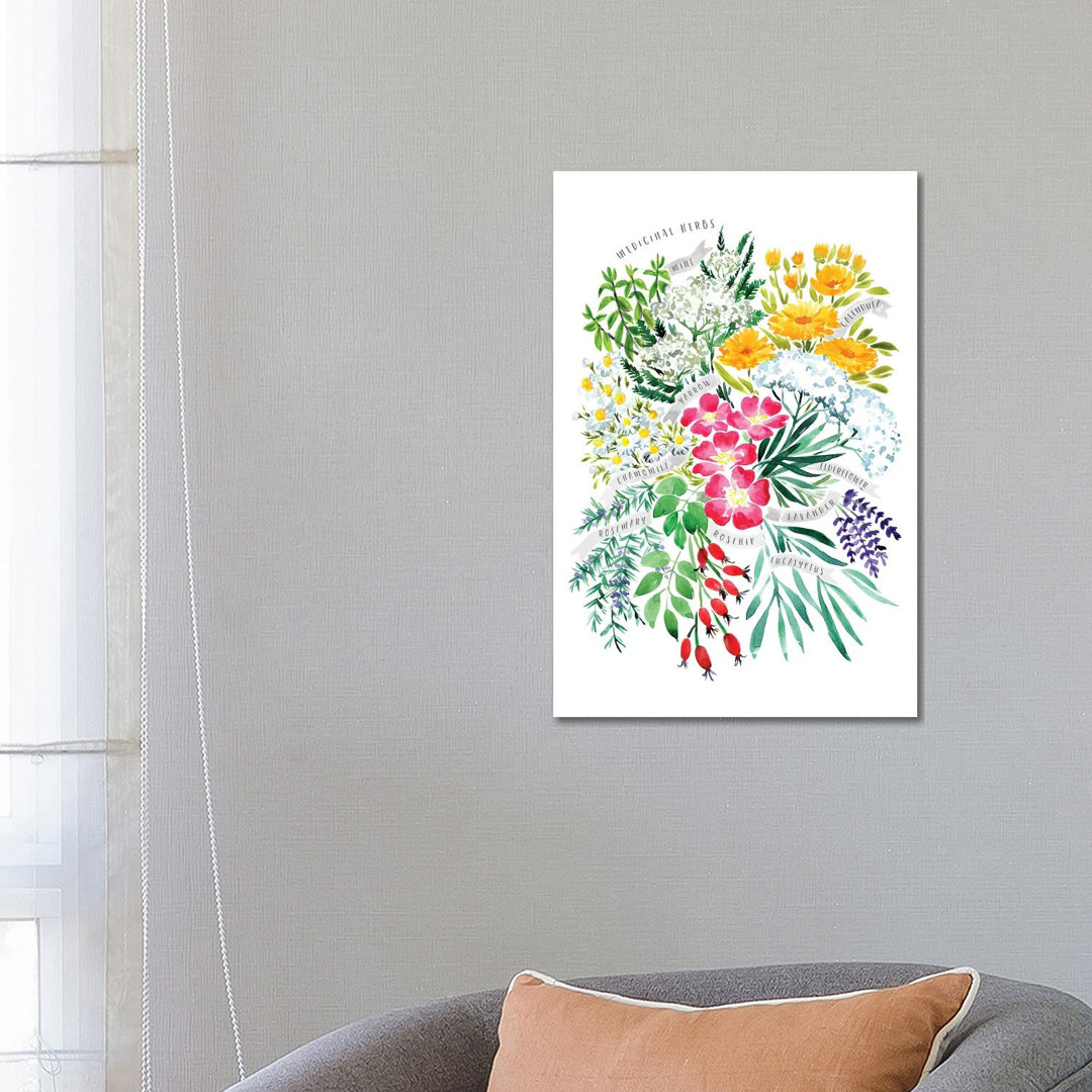 Heilkräuter Blumenstrauß in Aquarell von Blursbyai - Galerie-verpackte Leinwand Giclée auf Leinwand